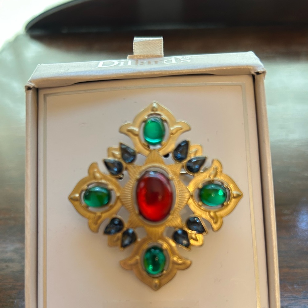 Elegant Gold and Red Brooch with Green Accents from Dillards New in Box
